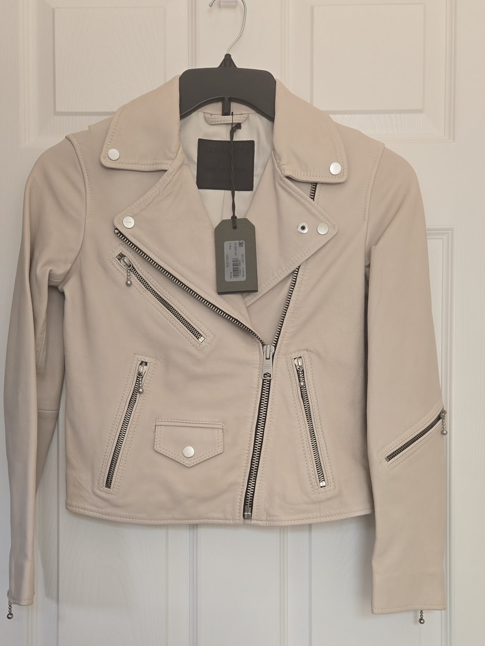 AllSaints Riley Biker Beige Leather Moto Jacket Size 2 Brand New